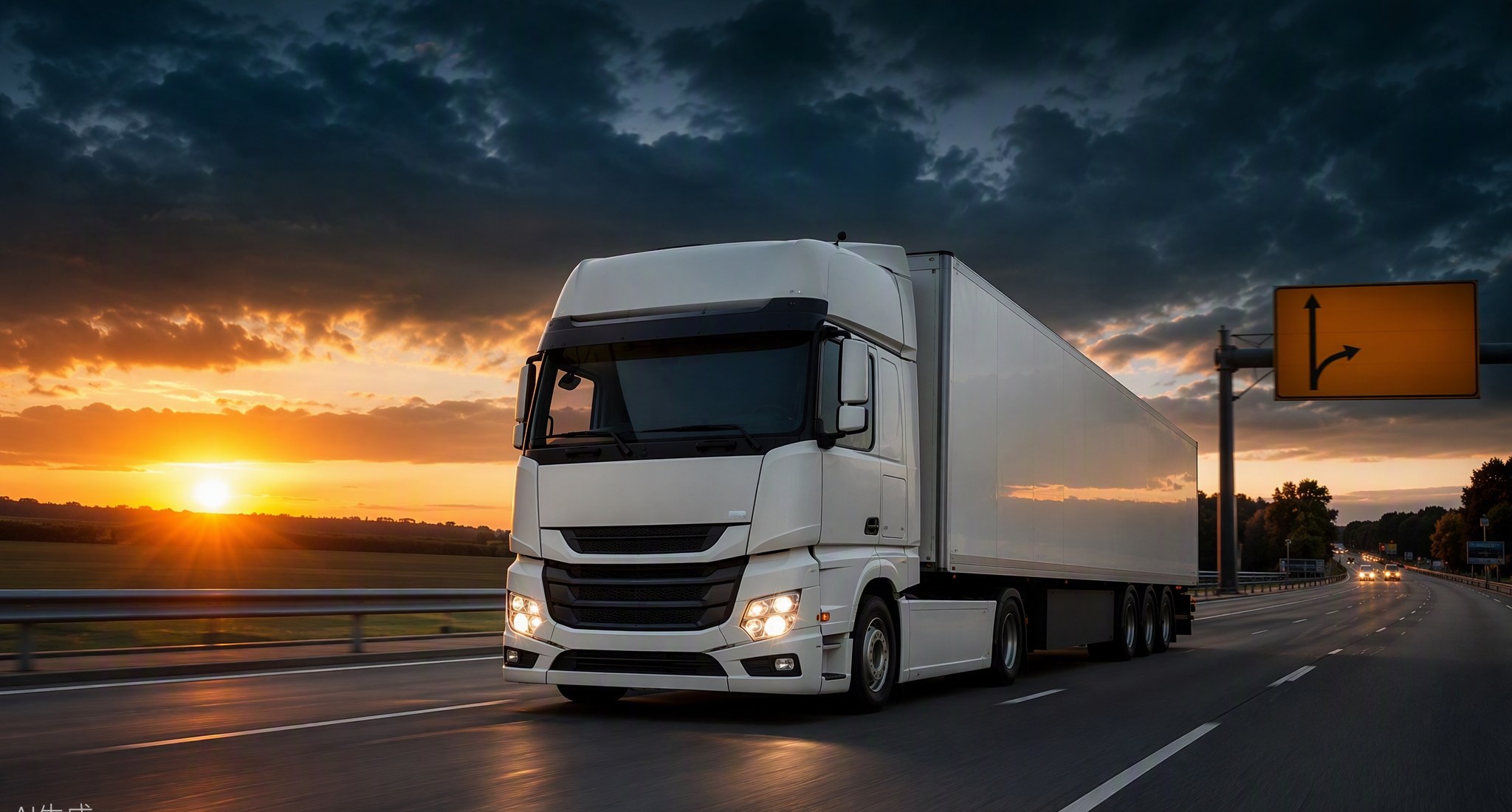 Weißer Sattelzug auf einer deutschen Autobahn bei Sonnenuntergang, daneben ein gelbes Wegweiserschild