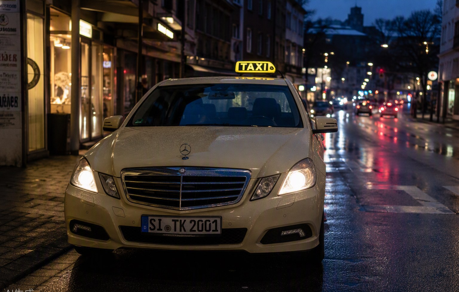Deutsches Taxi mit leuchtendem gelbem Dachzeichen auf nasser Straße am Abend